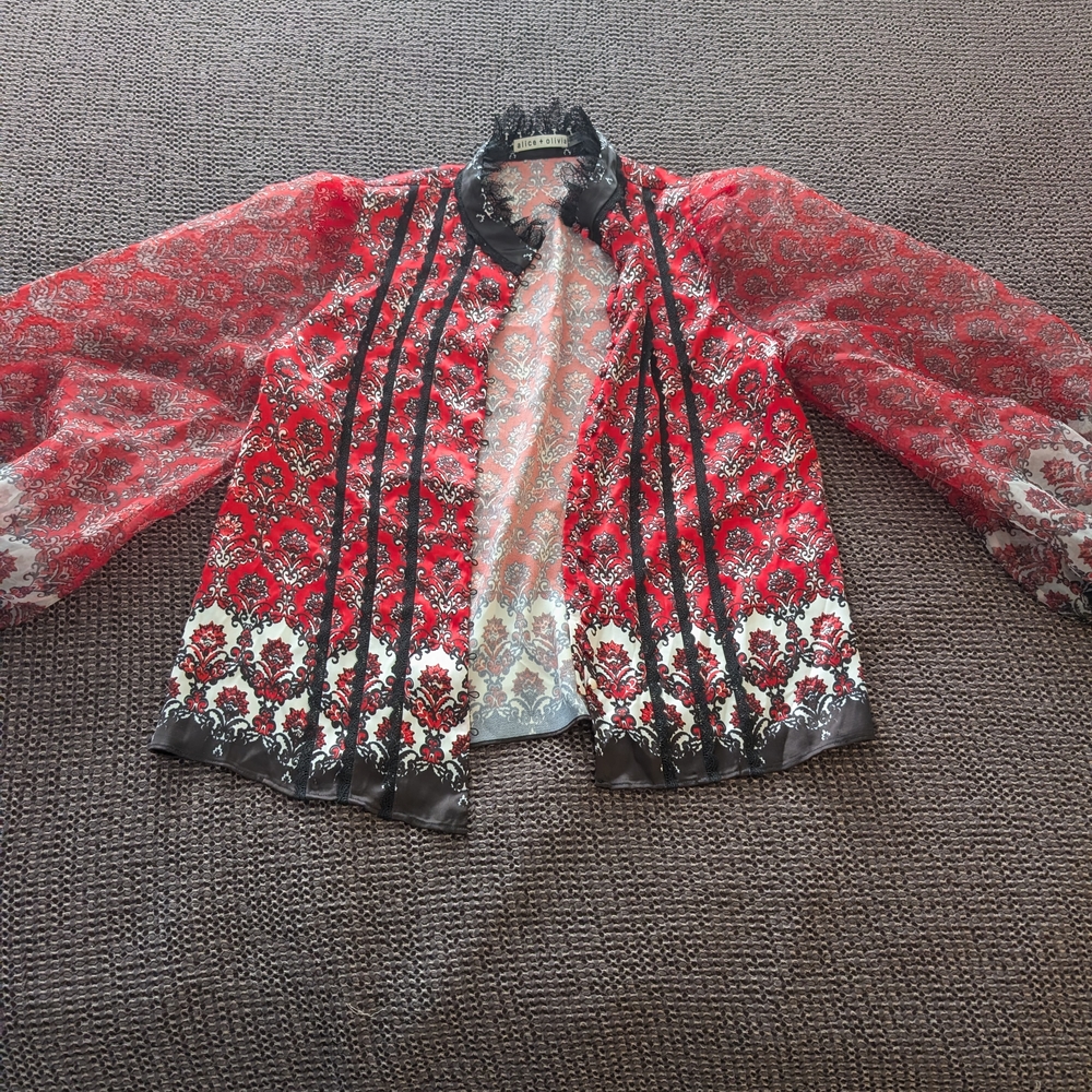 Alice + Olivia Red and Black Floral Sheer Blouse
